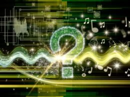 Leuchtendes Spotify-Logo vor digitalen Soundwellen, abstrahierten Musiknoten und API-Symbolen, futuristische Titelillustration