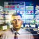 Sichtlich überforderte Person vor mehreren großen Monitoren mit komplexen Dashboards, Tabellen und bunten Diagrammen. Im Mittelpunkt steht ein klares Balkendiagramm, das Ruhe in das Datenchaos bringt.