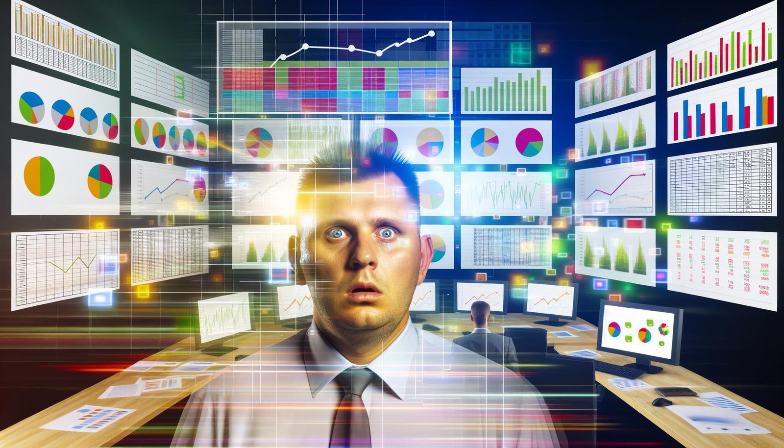 Sichtlich überforderte Person vor mehreren großen Monitoren mit komplexen Dashboards, Tabellen und bunten Diagrammen. Im Mittelpunkt steht ein klares Balkendiagramm, das Ruhe in das Datenchaos bringt.
