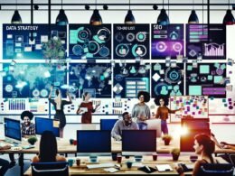 Redaktionsteam in futuristischem Büro mit digitalen Screens, Kanban-Boards und automatisierten Tools beim Entwickeln von Content-Strategien.