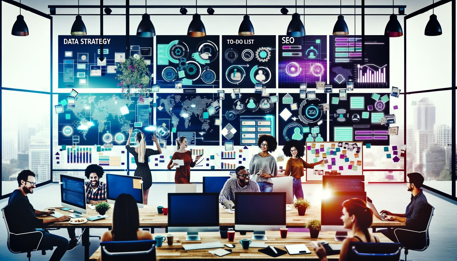 Redaktionsteam in futuristischem Büro mit digitalen Screens, Kanban-Boards und automatisierten Tools beim Entwickeln von Content-Strategien.