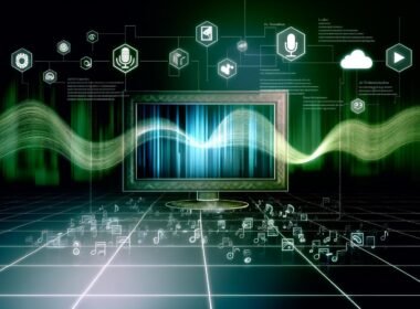 Futuristische Workspace-Illustration mit Desktop-Monitor, Spotify-Logo, grafischen Audio-Wellen, Tech-Symbolen für Cloud- und KI-Tools sowie Workflow von Text zu Audioverteilung.