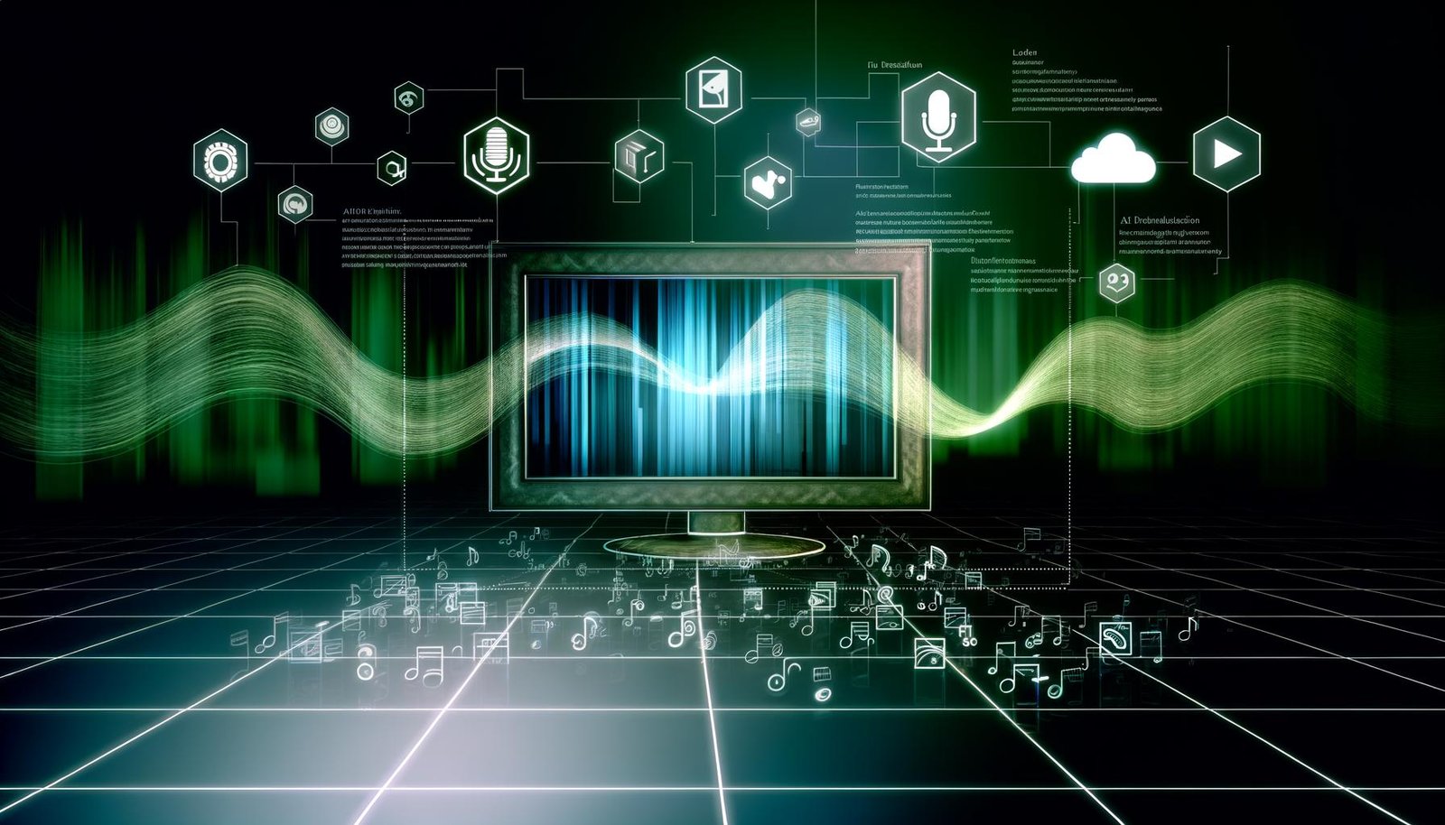 Futuristische Workspace-Illustration mit Desktop-Monitor, Spotify-Logo, grafischen Audio-Wellen, Tech-Symbolen für Cloud- und KI-Tools sowie Workflow von Text zu Audioverteilung.