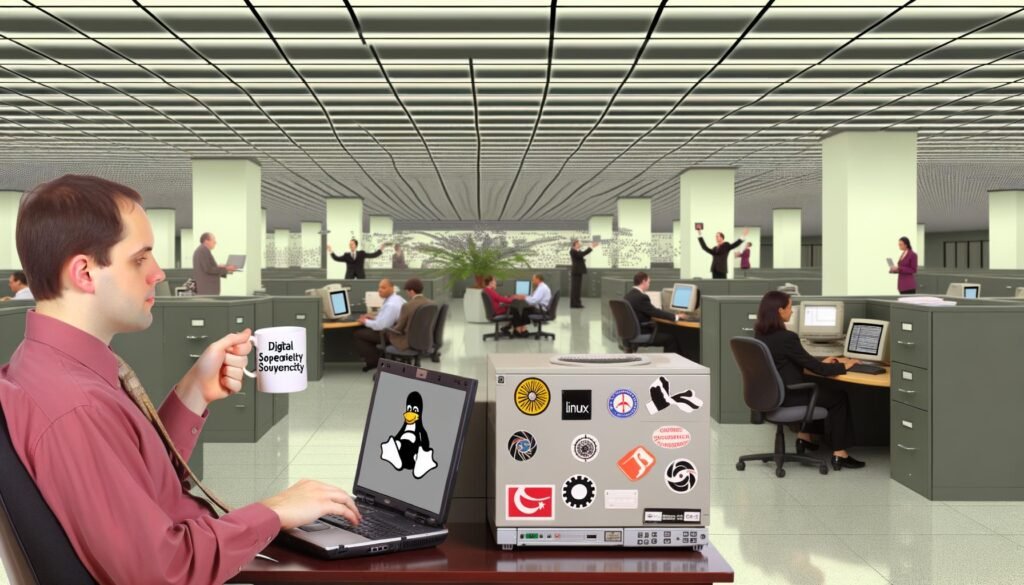 Junge Verwaltungsmitarbeiter in einem modernen Büro arbeiten an Laptops mit Linux-Aufklebern, umgeben von klassischen und digitalen Büroelementen, einer hebt eine Kaffeetasse mit 'Digital Souveränität'.