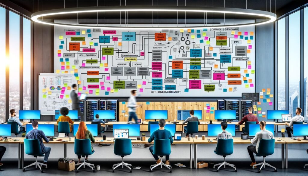 Dynamisches IT-Büro mit Dashboard, Mitarbeitenden an Laptops, Sticky Notes mit ETL und API, Whiteboard, Server-Racks und kollaborativem Workflow.