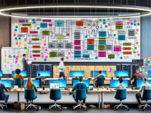 Dynamisches IT-Büro mit Dashboard, Mitarbeitenden an Laptops, Sticky Notes mit ETL und API, Whiteboard, Server-Racks und kollaborativem Workflow.