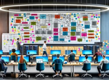 Dynamisches IT-Büro mit Dashboard, Mitarbeitenden an Laptops, Sticky Notes mit ETL und API, Whiteboard, Server-Racks und kollaborativem Workflow.