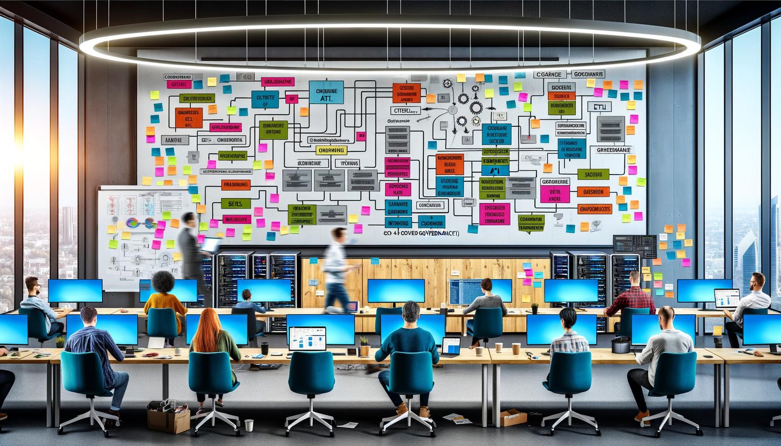 Dynamisches IT-Büro mit Dashboard, Mitarbeitenden an Laptops, Sticky Notes mit ETL und API, Whiteboard, Server-Racks und kollaborativem Workflow.