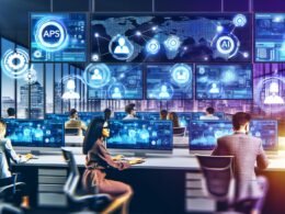 Junge PR-Experten arbeiten in einem dynamischen, technologiegetriebenen Büro an Monitoren mit Dashboards für Medienbeobachtung, Kampagnen und Analysen. Über der Szene schweben digitale Icons für KI und Monitoring, während Skylines und News-Ticker globale Vernetzung darstellen.
