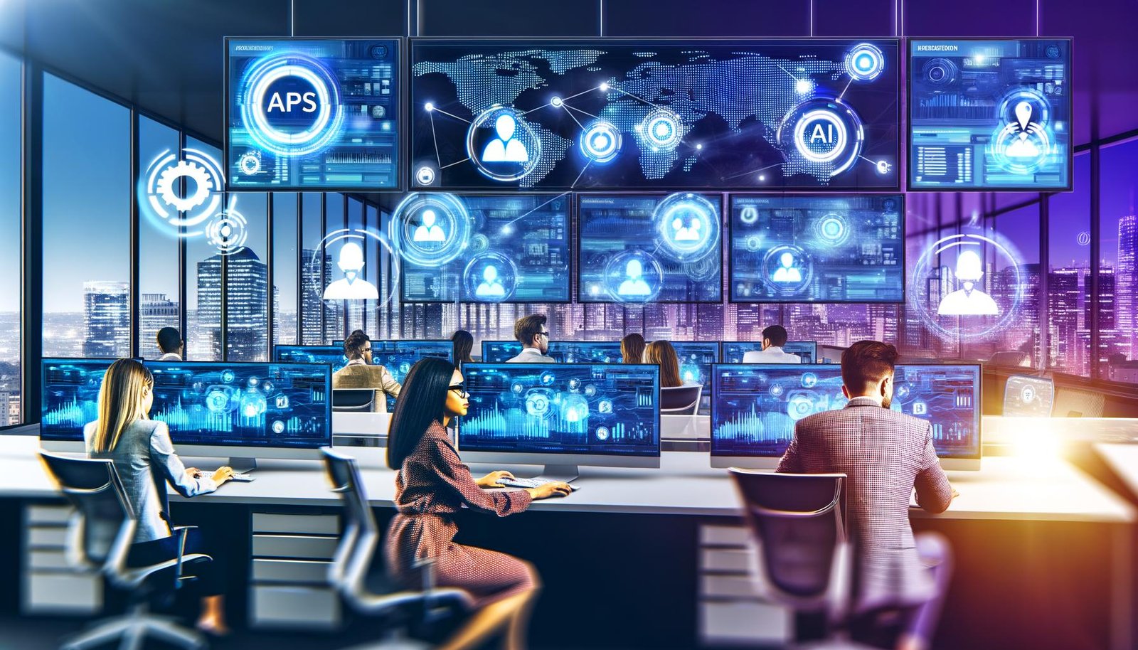 Junge PR-Experten arbeiten in einem dynamischen, technologiegetriebenen Büro an Monitoren mit Dashboards für Medienbeobachtung, Kampagnen und Analysen. Über der Szene schweben digitale Icons für KI und Monitoring, während Skylines und News-Ticker globale Vernetzung darstellen.