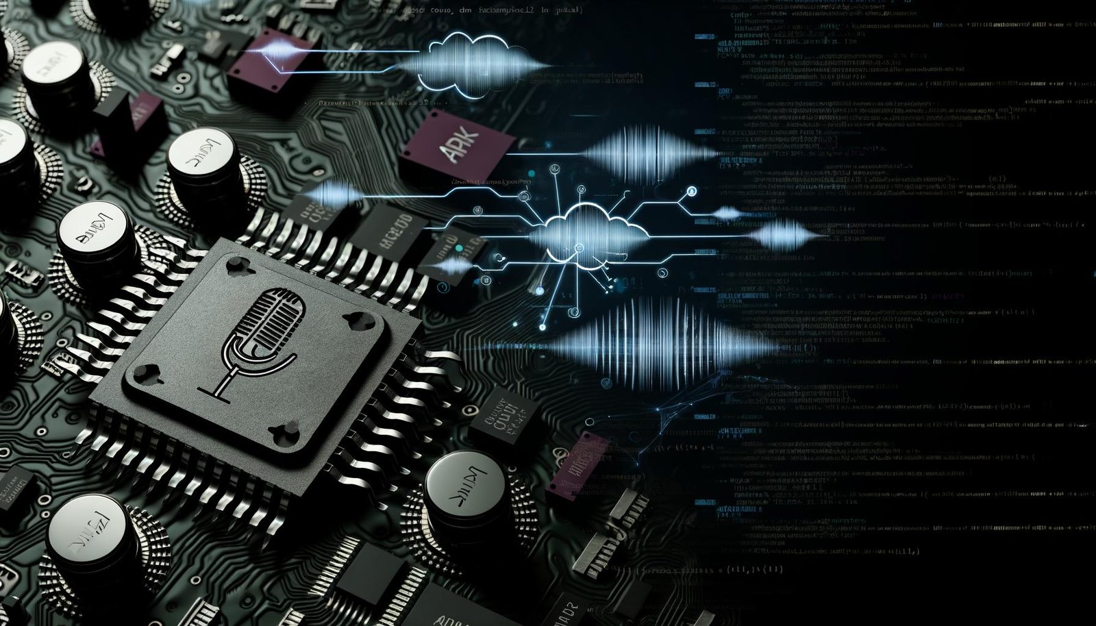 Futuristische Darstellung von Platinen und Chips mit eingraviertem Mikrofon- und Spotify-Logo, umgeben von abstrakten Soundwellen und digitalem Code, während Arbeitskräfte an Monitoren mit Datenströmen arbeiten.