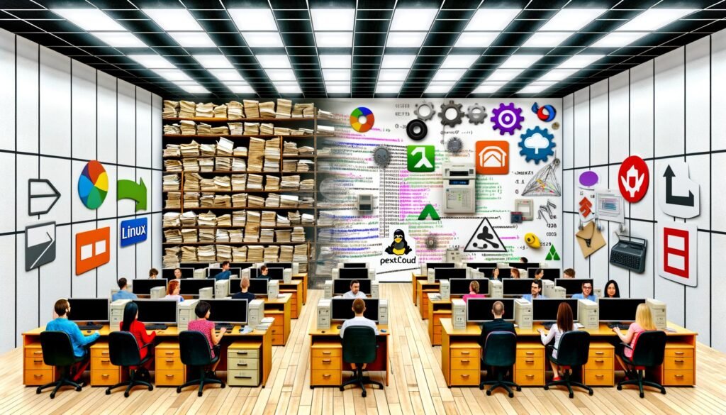 Illustration eines Behördenbüros mit klassischem Papierchaos und digitalisierten Open Source-Arbeitsplätzen, diskutierende Menschen, Open Source Logos an der Wand