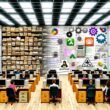 Illustration eines Behördenbüros mit klassischem Papierchaos und digitalisierten Open Source-Arbeitsplätzen, diskutierende Menschen, Open Source Logos an der Wand