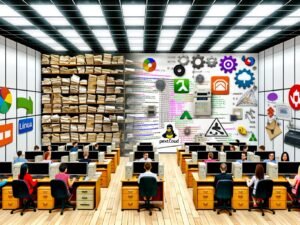 Illustration eines Behördenbüros mit klassischem Papierchaos und digitalisierten Open Source-Arbeitsplätzen, diskutierende Menschen, Open Source Logos an der Wand