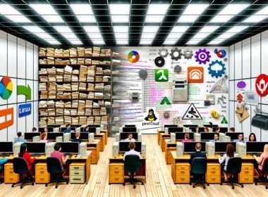 Illustration eines Behördenbüros mit klassischem Papierchaos und digitalisierten Open Source-Arbeitsplätzen, diskutierende Menschen, Open Source Logos an der Wand