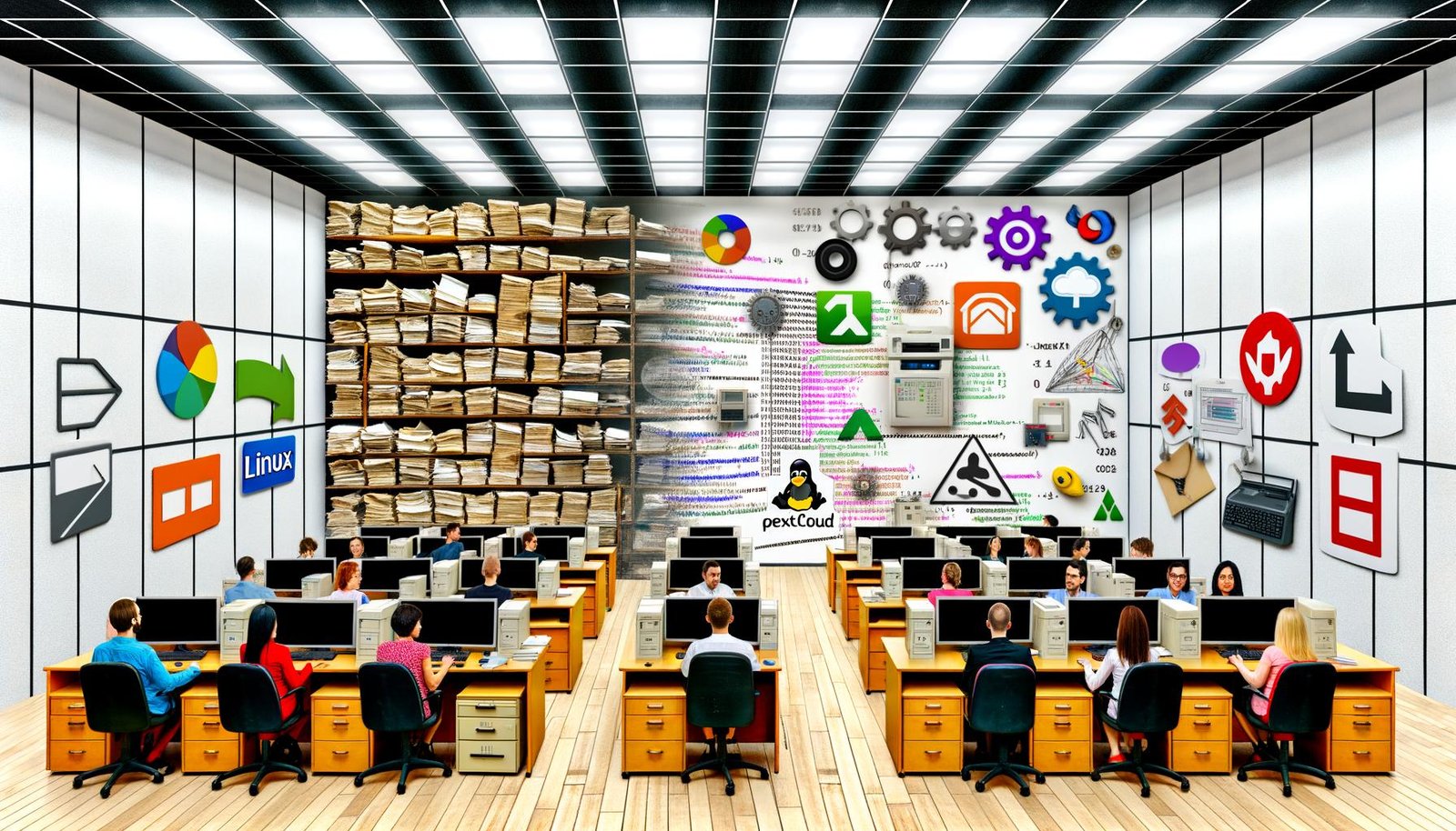 Illustration eines Behördenbüros mit klassischem Papierchaos und digitalisierten Open Source-Arbeitsplätzen, diskutierende Menschen, Open Source Logos an der Wand