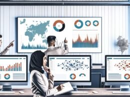 Modernes Data-Office mit zentralem Bildschirm voller klarer Diagramme, zwei Personen analysieren Visualisierungen im Vordergrund, umgeben von Monitoren mit Dashboards