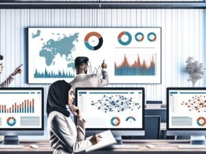 Modernes Data-Office mit zentralem Bildschirm voller klarer Diagramme, zwei Personen analysieren Visualisierungen im Vordergrund, umgeben von Monitoren mit Dashboards