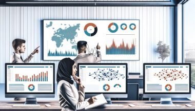 Modernes Data-Office mit zentralem Bildschirm voller klarer Diagramme, zwei Personen analysieren Visualisierungen im Vordergrund, umgeben von Monitoren mit Dashboards