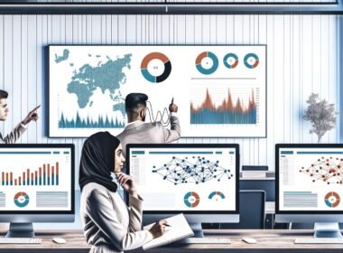 Modernes Data-Office mit zentralem Bildschirm voller klarer Diagramme, zwei Personen analysieren Visualisierungen im Vordergrund, umgeben von Monitoren mit Dashboards
