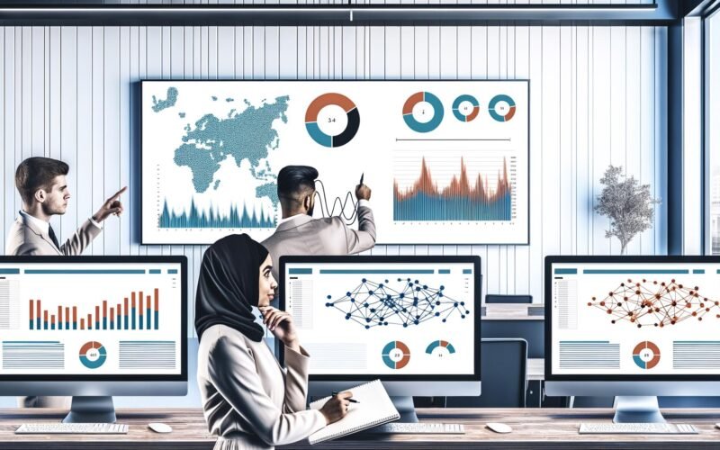 Modernes Data-Office mit zentralem Bildschirm voller klarer Diagramme, zwei Personen analysieren Visualisierungen im Vordergrund, umgeben von Monitoren mit Dashboards