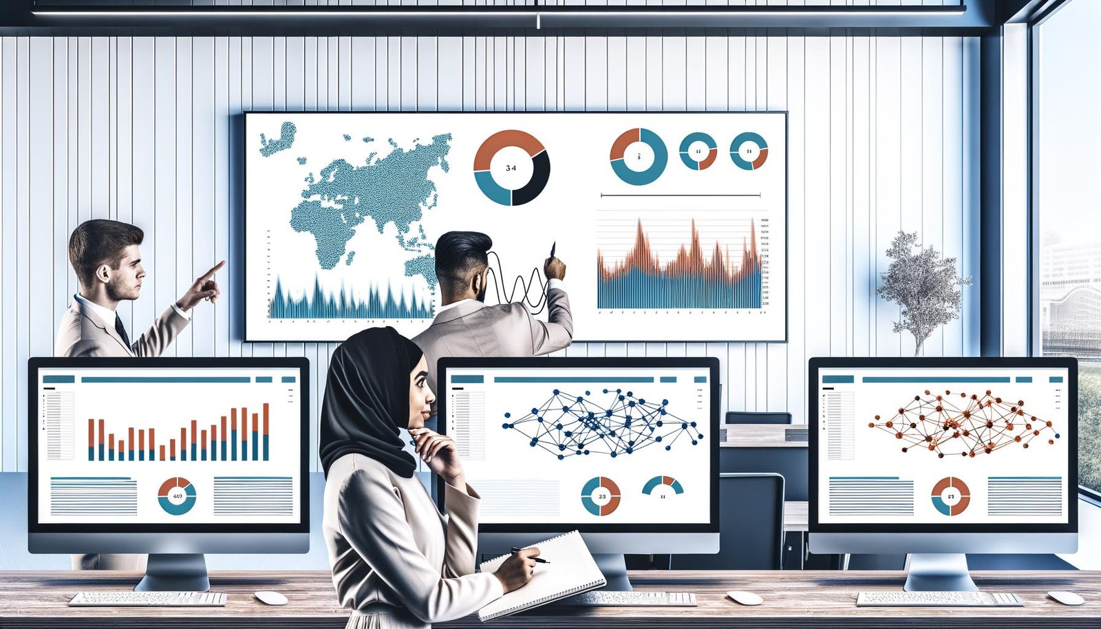 Modernes Data-Office mit zentralem Bildschirm voller klarer Diagramme, zwei Personen analysieren Visualisierungen im Vordergrund, umgeben von Monitoren mit Dashboards