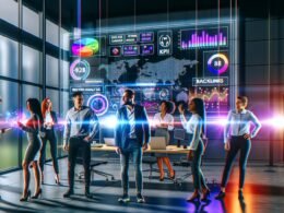 Team junger Marketing-Spezialisten betrachtet ein großes digitales Dashboard mit farbenfrohen KPI-Grafiken, digitalen PR-Analysen und Echtzeitdaten in einem modernen Büro voller Technologie und Tageslicht.