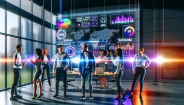 Team junger Marketing-Spezialisten betrachtet ein großes digitales Dashboard mit farbenfrohen KPI-Grafiken, digitalen PR-Analysen und Echtzeitdaten in einem modernen Büro voller Technologie und Tageslicht.