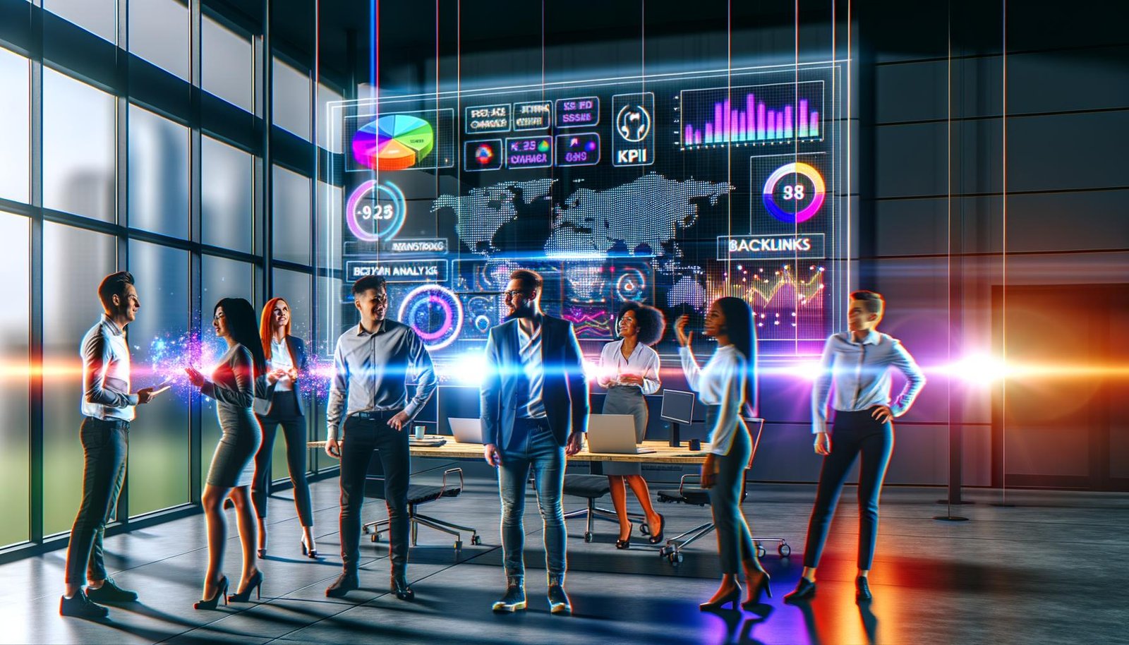 Team junger Marketing-Spezialisten betrachtet ein großes digitales Dashboard mit farbenfrohen KPI-Grafiken, digitalen PR-Analysen und Echtzeitdaten in einem modernen Büro voller Technologie und Tageslicht.