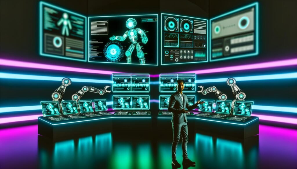 Futuristisches Kontrollzentrum mit Computern, Spotify-Logos, Audio-Wellenformen, Automatisierungsdiagrammen und Roboterarmen, die Audiocontent automatisch verarbeiten.
