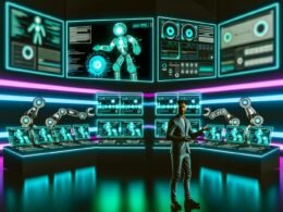 Futuristisches Kontrollzentrum mit Computern, Spotify-Logos, Audio-Wellenformen, Automatisierungsdiagrammen und Roboterarmen, die Audiocontent automatisch verarbeiten.