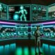 Futuristisches Kontrollzentrum mit Computern, Spotify-Logos, Audio-Wellenformen, Automatisierungsdiagrammen und Roboterarmen, die Audiocontent automatisch verarbeiten.