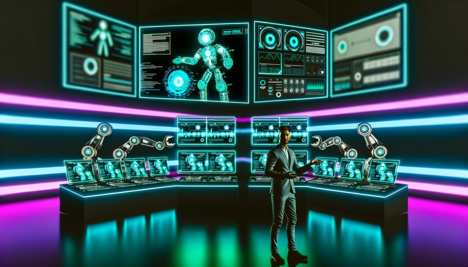 Futuristisches Kontrollzentrum mit Computern, Spotify-Logos, Audio-Wellenformen, Automatisierungsdiagrammen und Roboterarmen, die Audiocontent automatisch verarbeiten.