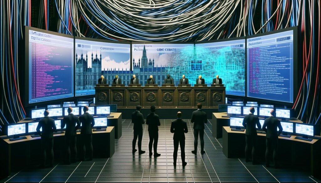 Futuristischer Serverraum mit Adern-ähnlichen Kabelbäumen, Bundestagspult, digitalen Gesetzestexten und Gruppen aus Entwicklern und Politikern vor interaktiven Bildschirmen mit GitHub-Daten.