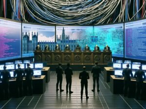 Futuristischer Serverraum mit Adern-ähnlichen Kabelbäumen, Bundestagspult, digitalen Gesetzestexten und Gruppen aus Entwicklern und Politikern vor interaktiven Bildschirmen mit GitHub-Daten.