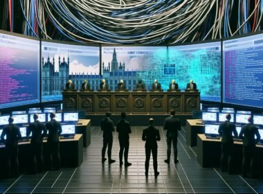 Futuristischer Serverraum mit Adern-ähnlichen Kabelbäumen, Bundestagspult, digitalen Gesetzestexten und Gruppen aus Entwicklern und Politikern vor interaktiven Bildschirmen mit GitHub-Daten.