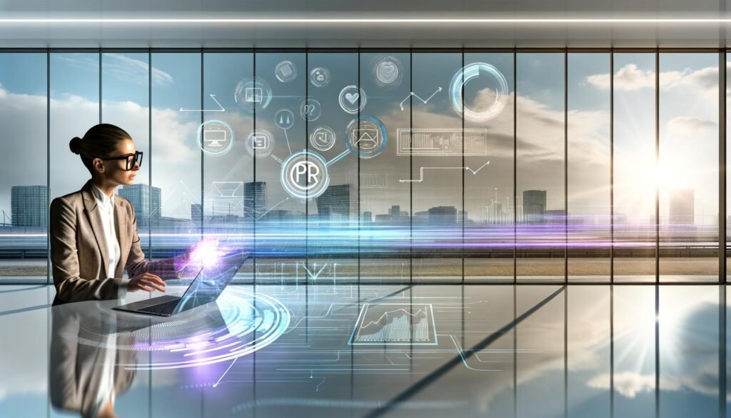 Moderne Arbeitsumgebung mit holographischem PR Assistant, transparenten Datendiagrammen und Blick auf die Skyline einer Großstadt im Jahr 2025.