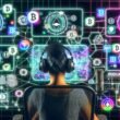 Person mit Headset an einem futuristischen Schreibtisch mit Monitoren voller Blockchain- und NFT-Grafiken, umgeben von digitalen Web3-Symbolen und leuchtenden Technologie-Details.