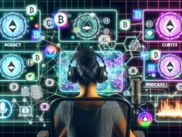 Person mit Headset an einem futuristischen Schreibtisch mit Monitoren voller Blockchain- und NFT-Grafiken, umgeben von digitalen Web3-Symbolen und leuchtenden Technologie-Details.
