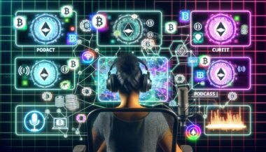 Person mit Headset an einem futuristischen Schreibtisch mit Monitoren voller Blockchain- und NFT-Grafiken, umgeben von digitalen Web3-Symbolen und leuchtenden Technologie-Details.