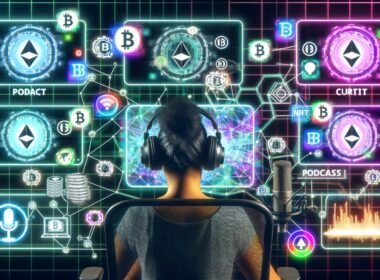 Person mit Headset an einem futuristischen Schreibtisch mit Monitoren voller Blockchain- und NFT-Grafiken, umgeben von digitalen Web3-Symbolen und leuchtenden Technologie-Details.