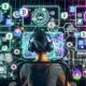 Person mit Headset an einem futuristischen Schreibtisch mit Monitoren voller Blockchain- und NFT-Grafiken, umgeben von digitalen Web3-Symbolen und leuchtenden Technologie-Details.