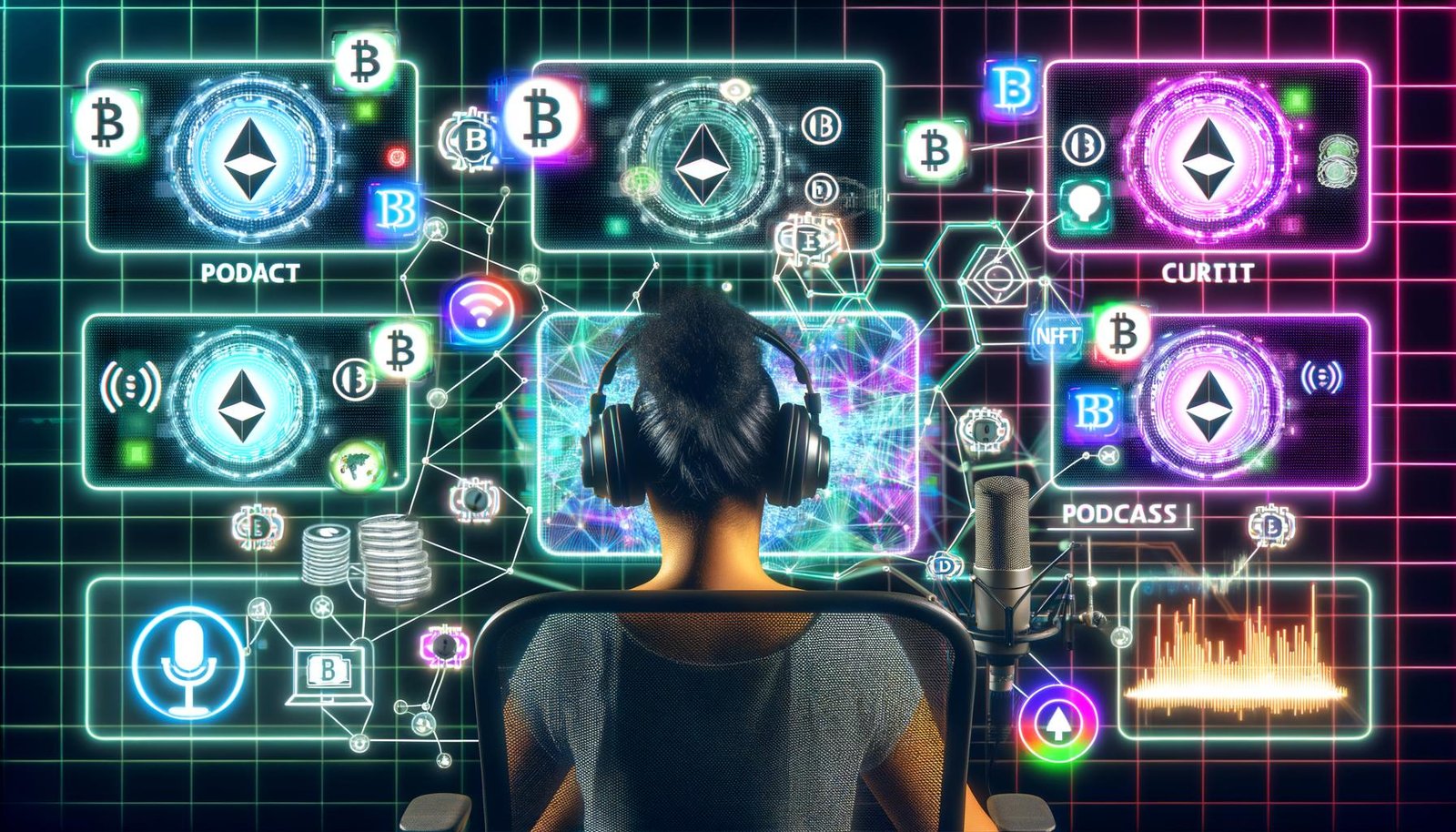Person mit Headset an einem futuristischen Schreibtisch mit Monitoren voller Blockchain- und NFT-Grafiken, umgeben von digitalen Web3-Symbolen und leuchtenden Technologie-Details.
