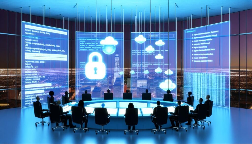 Futuristischer Kontrollraum bei Nacht mit Großbildschirmen, auf denen Software-Code, Abstimmungs-Dashboards und Gesetzesentwürfe angezeigt werden. Bürger und Beamte arbeiten kollaborativ unter einem schwebenden Open-Source-Symbol.