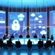 Futuristischer Kontrollraum bei Nacht mit Großbildschirmen, auf denen Software-Code, Abstimmungs-Dashboards und Gesetzesentwürfe angezeigt werden. Bürger und Beamte arbeiten kollaborativ unter einem schwebenden Open-Source-Symbol.