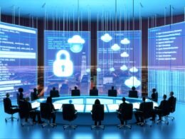 Futuristischer Kontrollraum bei Nacht mit Großbildschirmen, auf denen Software-Code, Abstimmungs-Dashboards und Gesetzesentwürfe angezeigt werden. Bürger und Beamte arbeiten kollaborativ unter einem schwebenden Open-Source-Symbol.