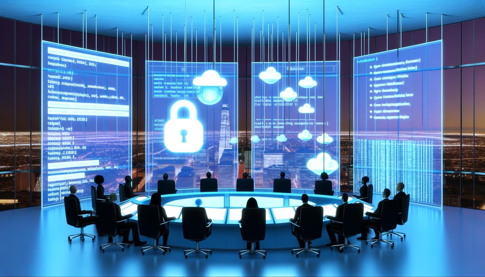 Futuristischer Kontrollraum bei Nacht mit Großbildschirmen, auf denen Software-Code, Abstimmungs-Dashboards und Gesetzesentwürfe angezeigt werden. Bürger und Beamte arbeiten kollaborativ unter einem schwebenden Open-Source-Symbol.
