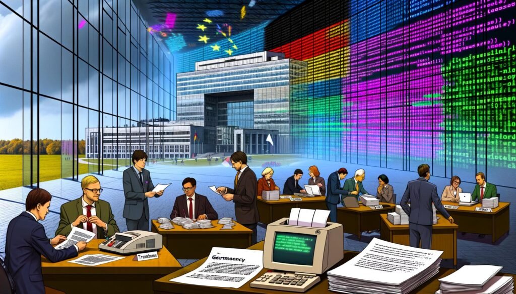 Collage von Illustrationen zur digitalen Transformation in deutschen Behörden: Von analogen Faxgeräten, Beamten und Papierstapeln hin zu futuristischer, transparenter Verwaltung mit Bürgerbeteiligung, Open Source-Software und digitalen Datenströmen. Moderne Infografiken, digitale Marktplätze und innovative Technologien stehen im Kontrast zur alten IT-Landschaft.