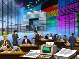 Collage von Illustrationen zur digitalen Transformation in deutschen Behörden: Von analogen Faxgeräten, Beamten und Papierstapeln hin zu futuristischer, transparenter Verwaltung mit Bürgerbeteiligung, Open Source-Software und digitalen Datenströmen. Moderne Infografiken, digitale Marktplätze und innovative Technologien stehen im Kontrast zur alten IT-Landschaft.