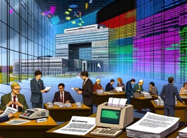 Collage von Illustrationen zur digitalen Transformation in deutschen Behörden: Von analogen Faxgeräten, Beamten und Papierstapeln hin zu futuristischer, transparenter Verwaltung mit Bürgerbeteiligung, Open Source-Software und digitalen Datenströmen. Moderne Infografiken, digitale Marktplätze und innovative Technologien stehen im Kontrast zur alten IT-Landschaft.